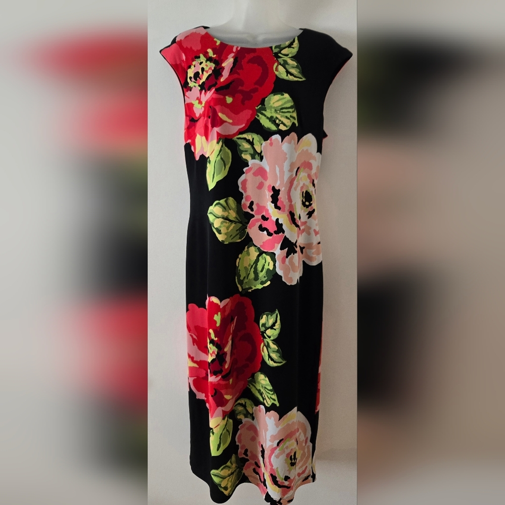 London Times Midi Dress Sz 10 Black With Large Red And Pink Flowers Lined Euc